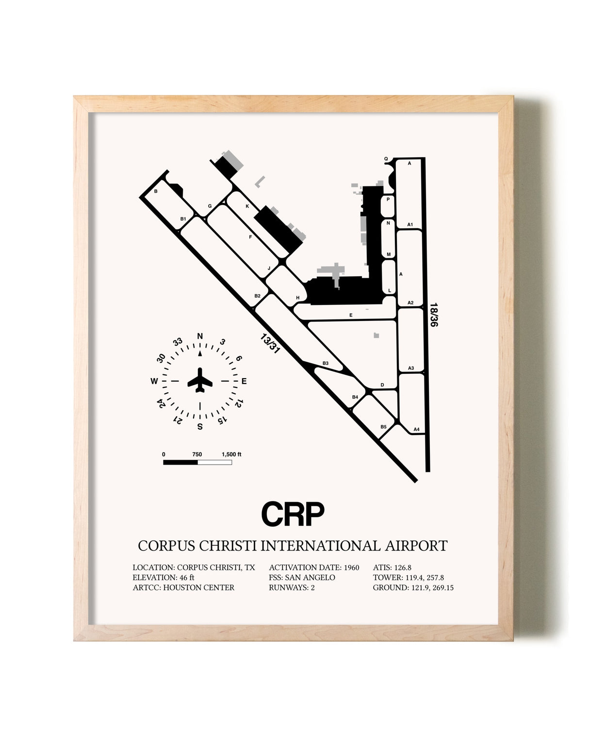 Corpus Christi International Airport framed wall art in white frame