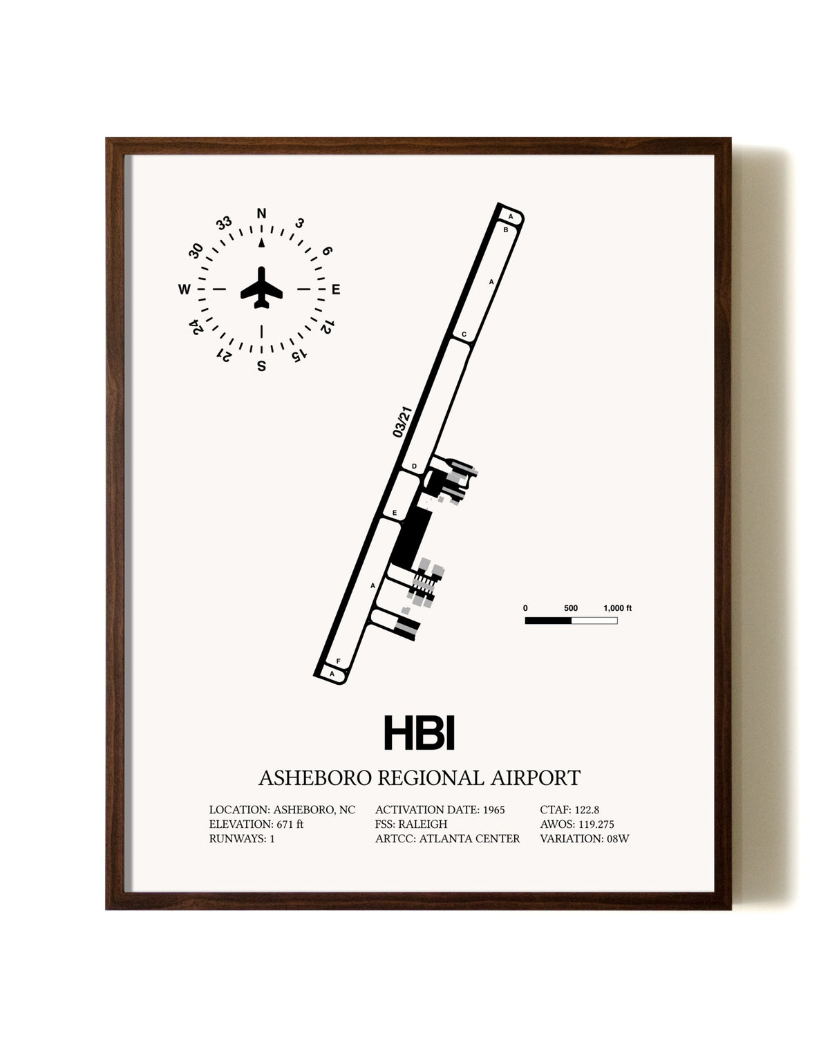 Asheboro Regional Airport aviation print in walnut frame
