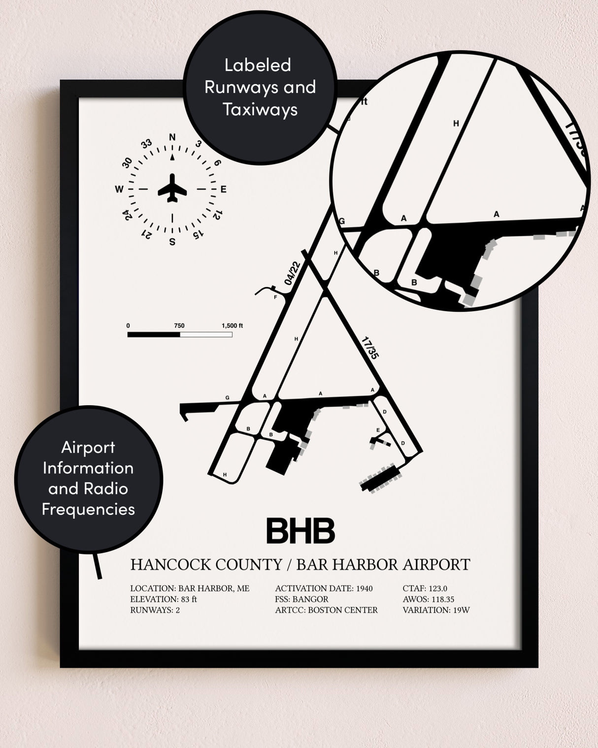 Framed Hancock County / Bar Harbor Airport layout wall art poster