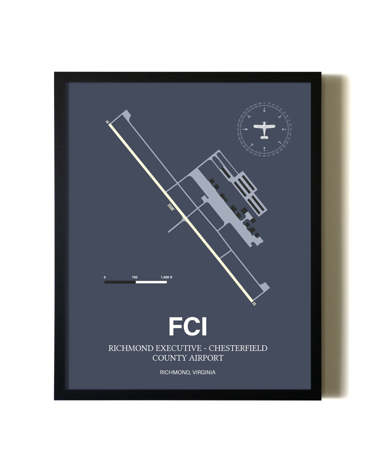 Blue and Cream Framed Richmond Executive-Chesterfield County Airport layout wall art poster