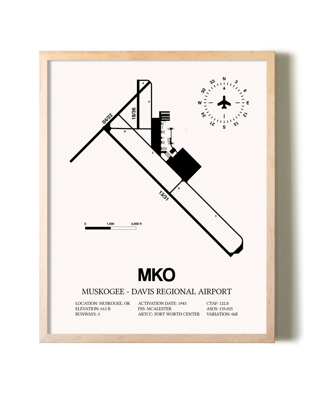 Muskogee-Davis Regional Airport framed wall art in white frame
