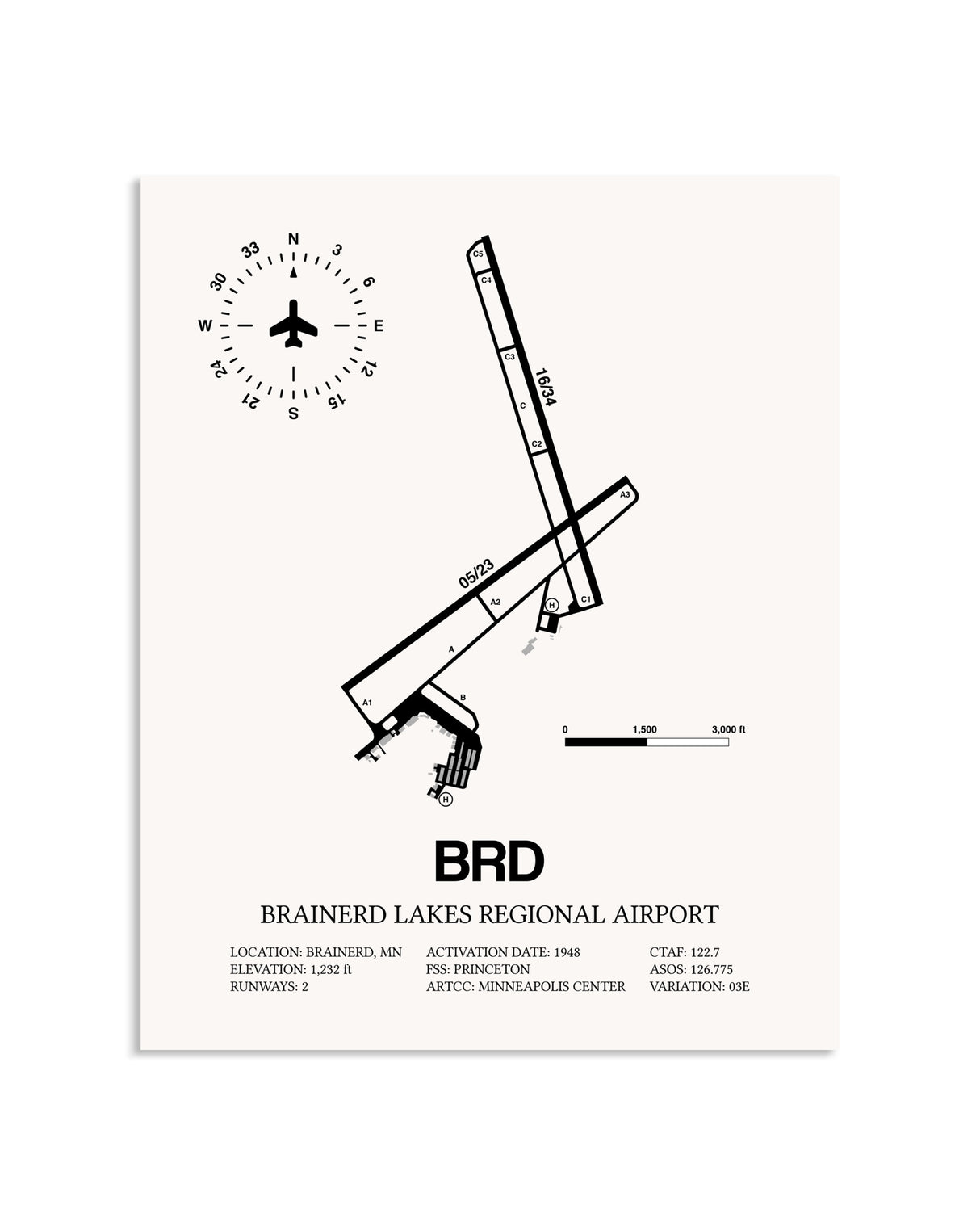 Gray Brainerd Lakes Regional Airport framed poster displayed in an airplane hangar