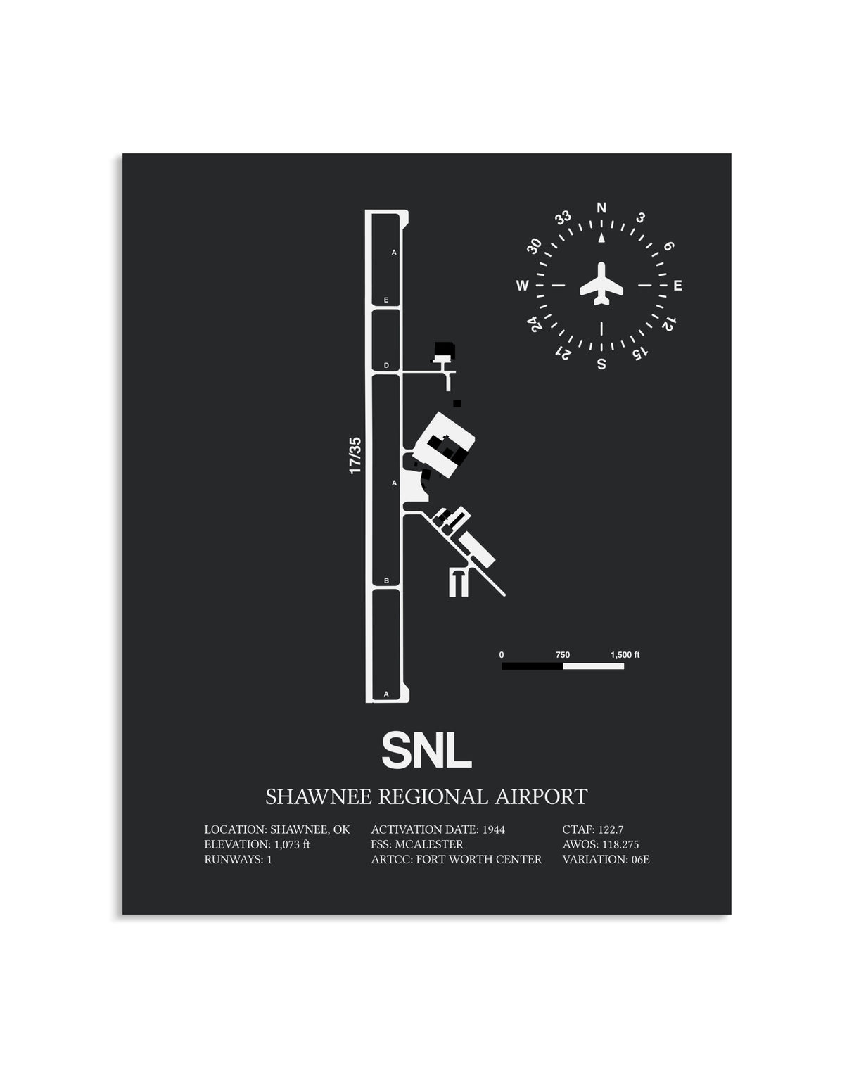 Gray Framed Shawnee Regional Airport layout wall art poster