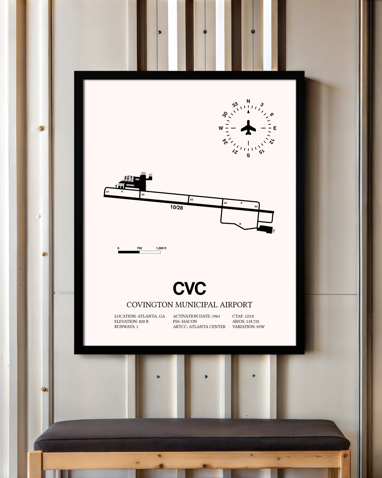 Covington Municipal Airport framed poster displayed in an airplane hangar