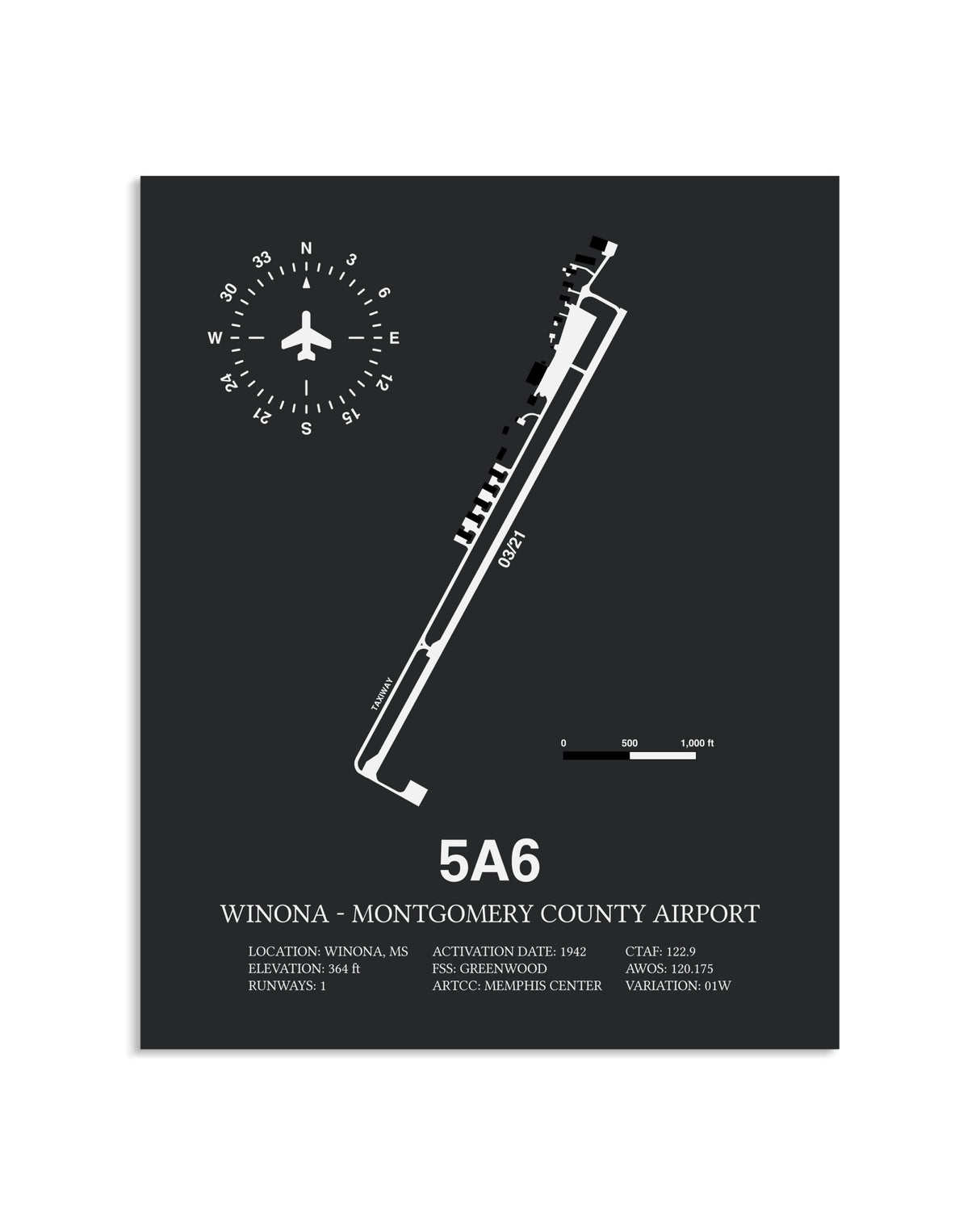 Gray Framed Winona - Montgomery County Airport layout wall art poster