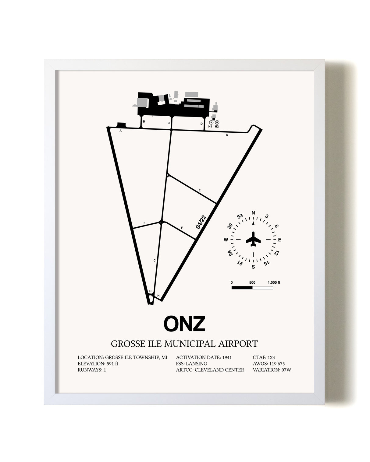 Grosse Ile Municipal Airport airport map poster in oak frame