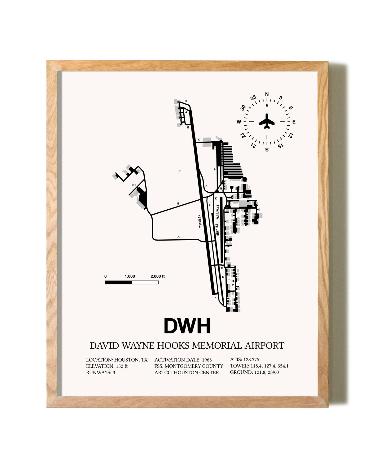 David Wayne Hooks Memorial Airport framed print in natural wood frame