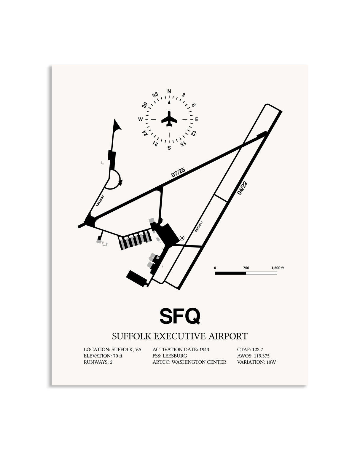 Gray Suffolk Executive Airport framed poster displayed in an airplane hangar