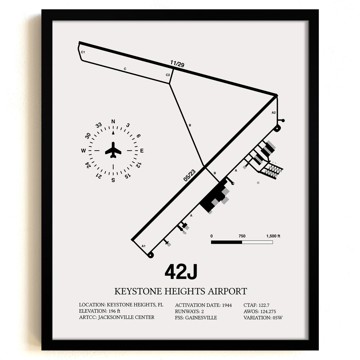 Framed Detailed Airport Map of Keystone Heights Airport (42J) in White with a Black Frame