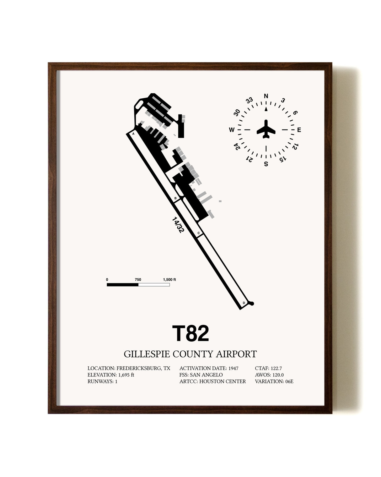 Gillespie County Airport aviation print in walnut frame