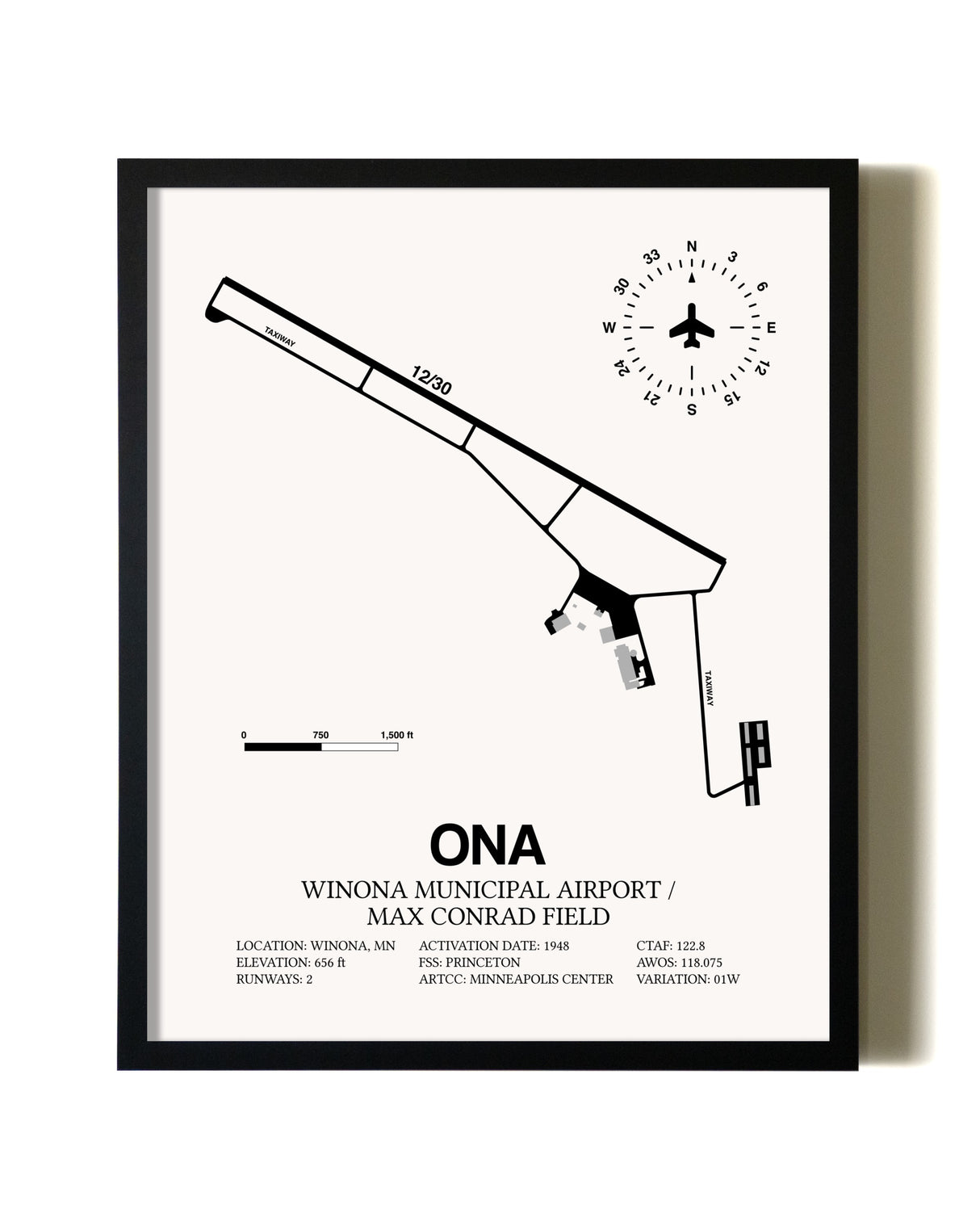 Framed Winona Municipal Airport / Max Conrad Field wall art poster in black frame