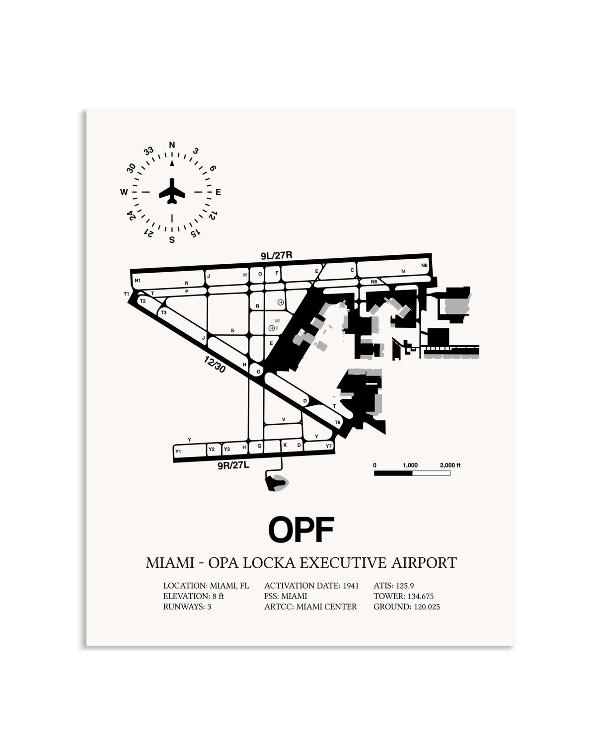 Gray Miami-Opa Locka Executive Airport framed poster displayed in an airplane hangar