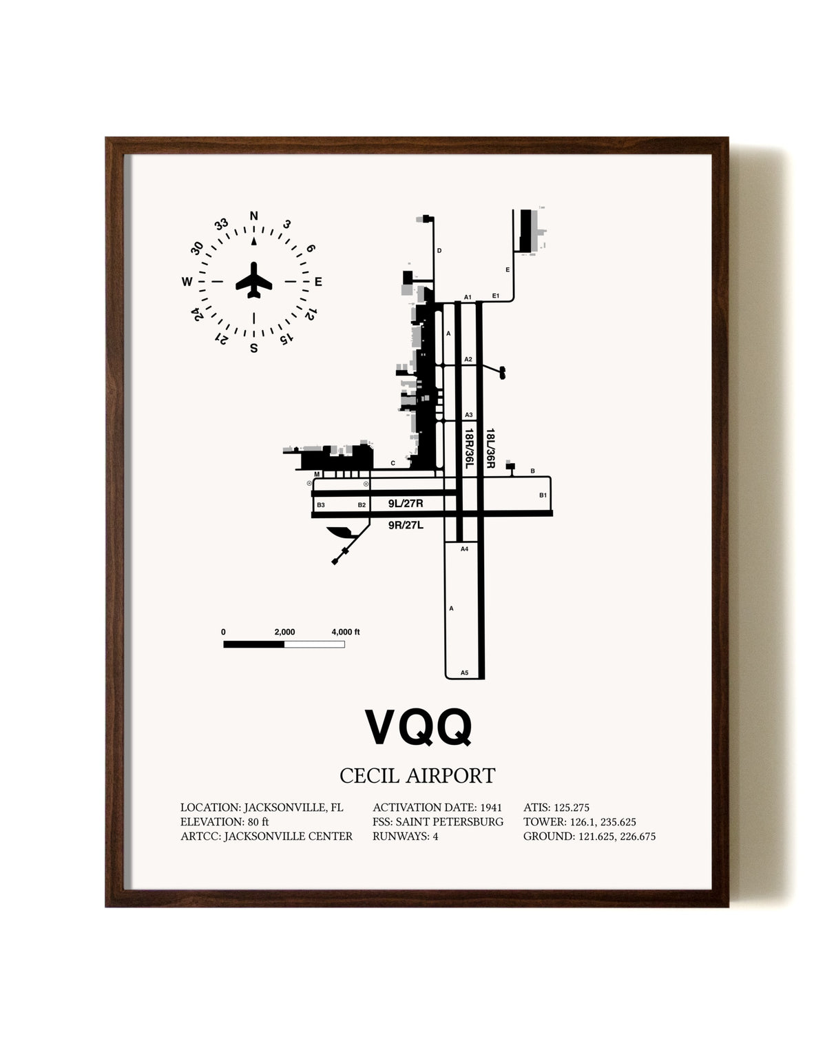 Cecil Airport aviation print in walnut frame