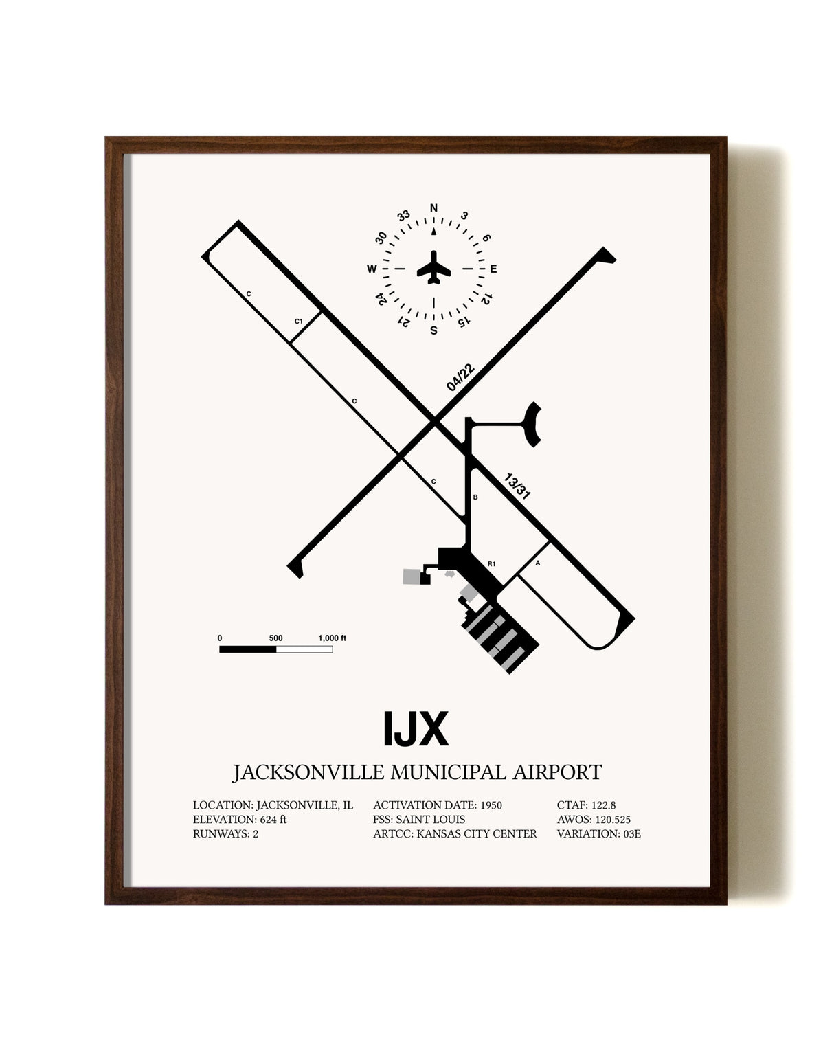 Jacksonville Municipal Airport aviation print in walnut frame