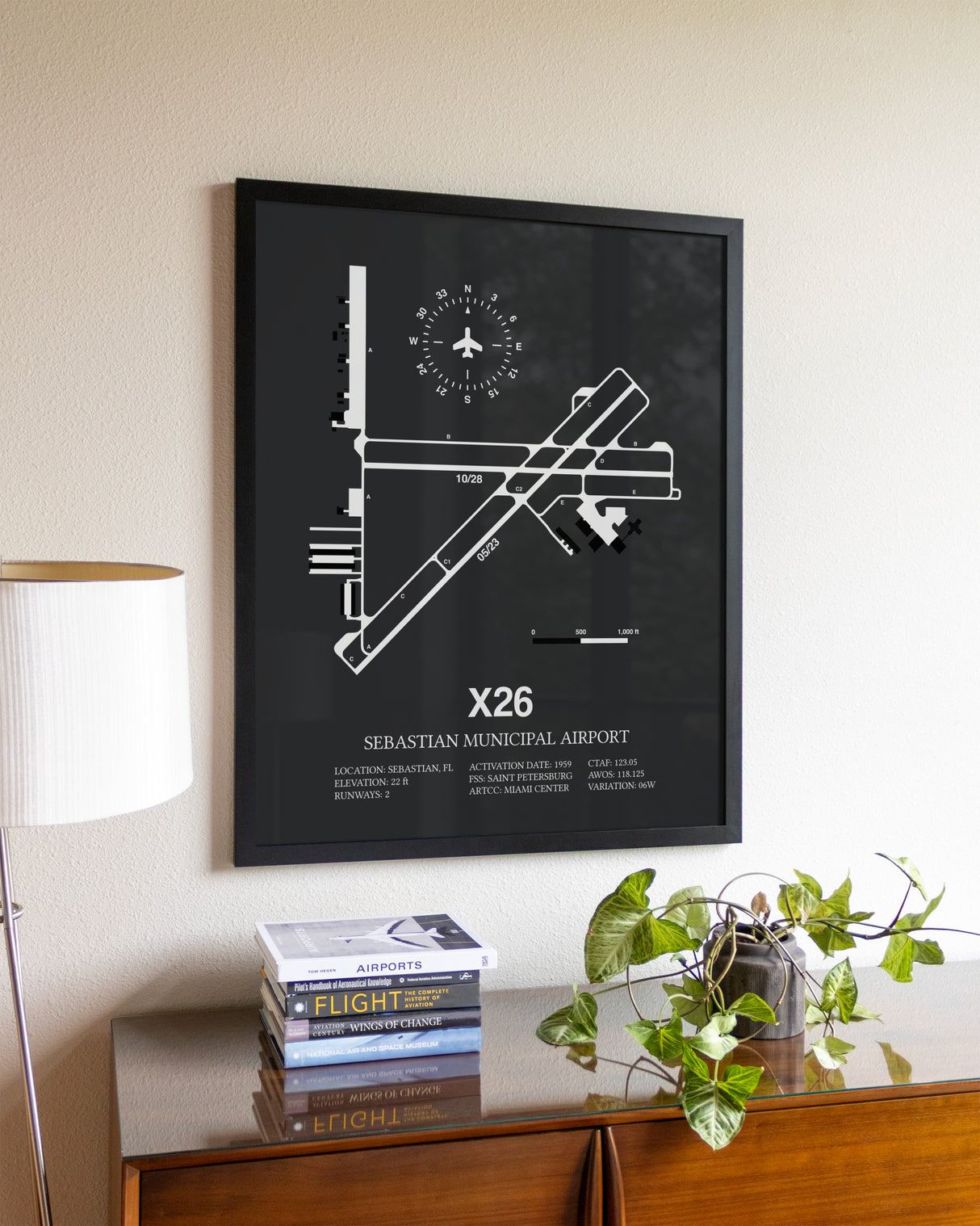 Gray Framed Sebastian Municipal Airport wall art poster in black frame