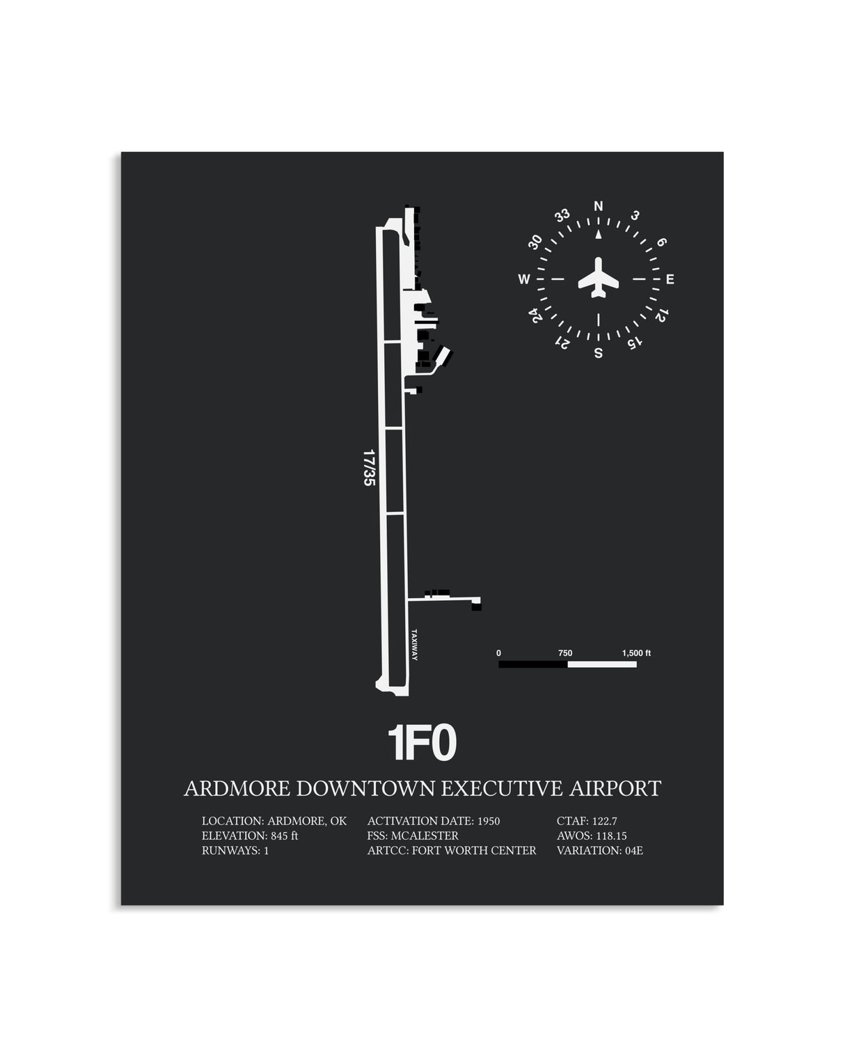 Gray Framed Ardmore Downtown Executive Airport layout wall art poster