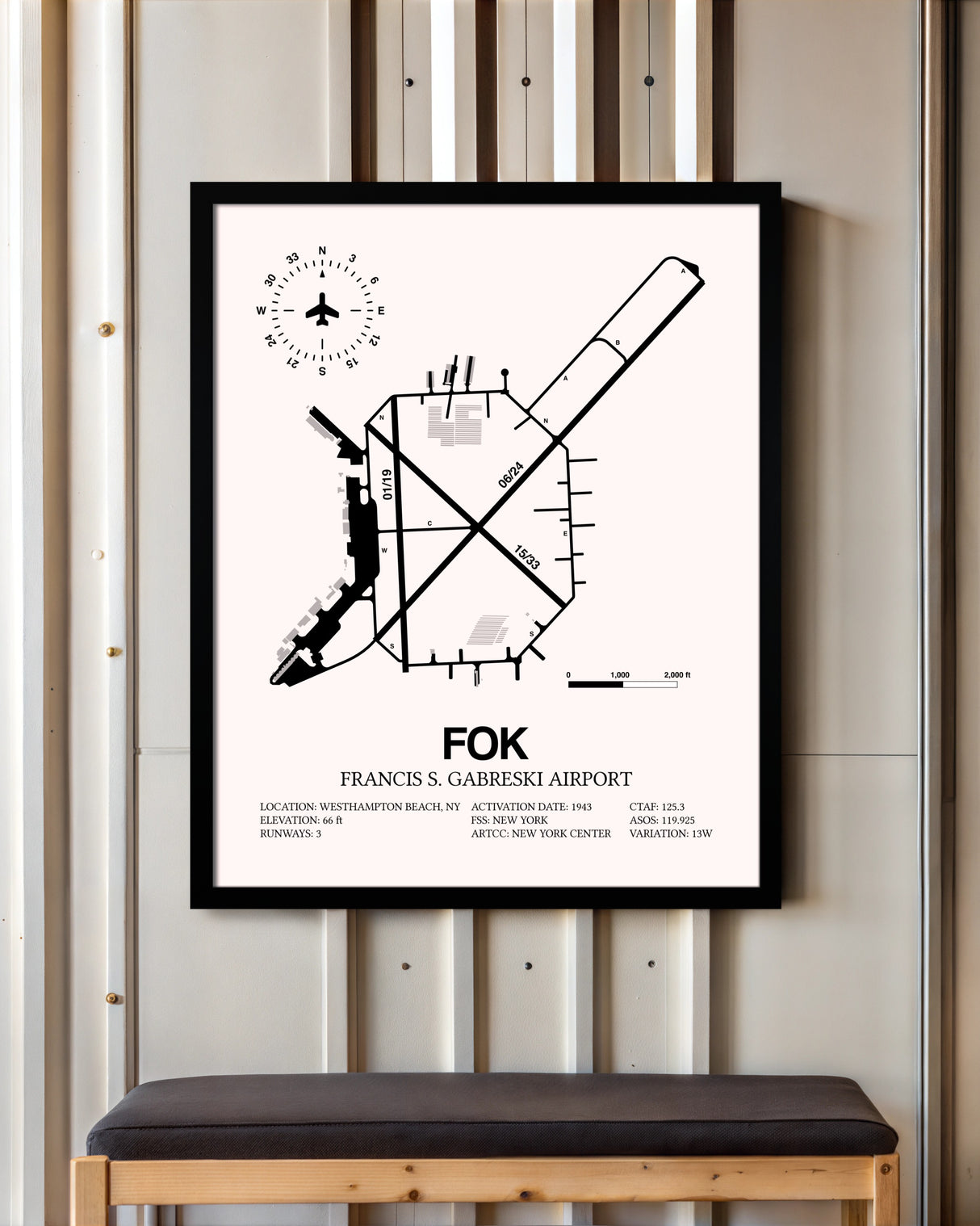 Francis S. Gabreski Airport framed poster displayed in an airplane hangar