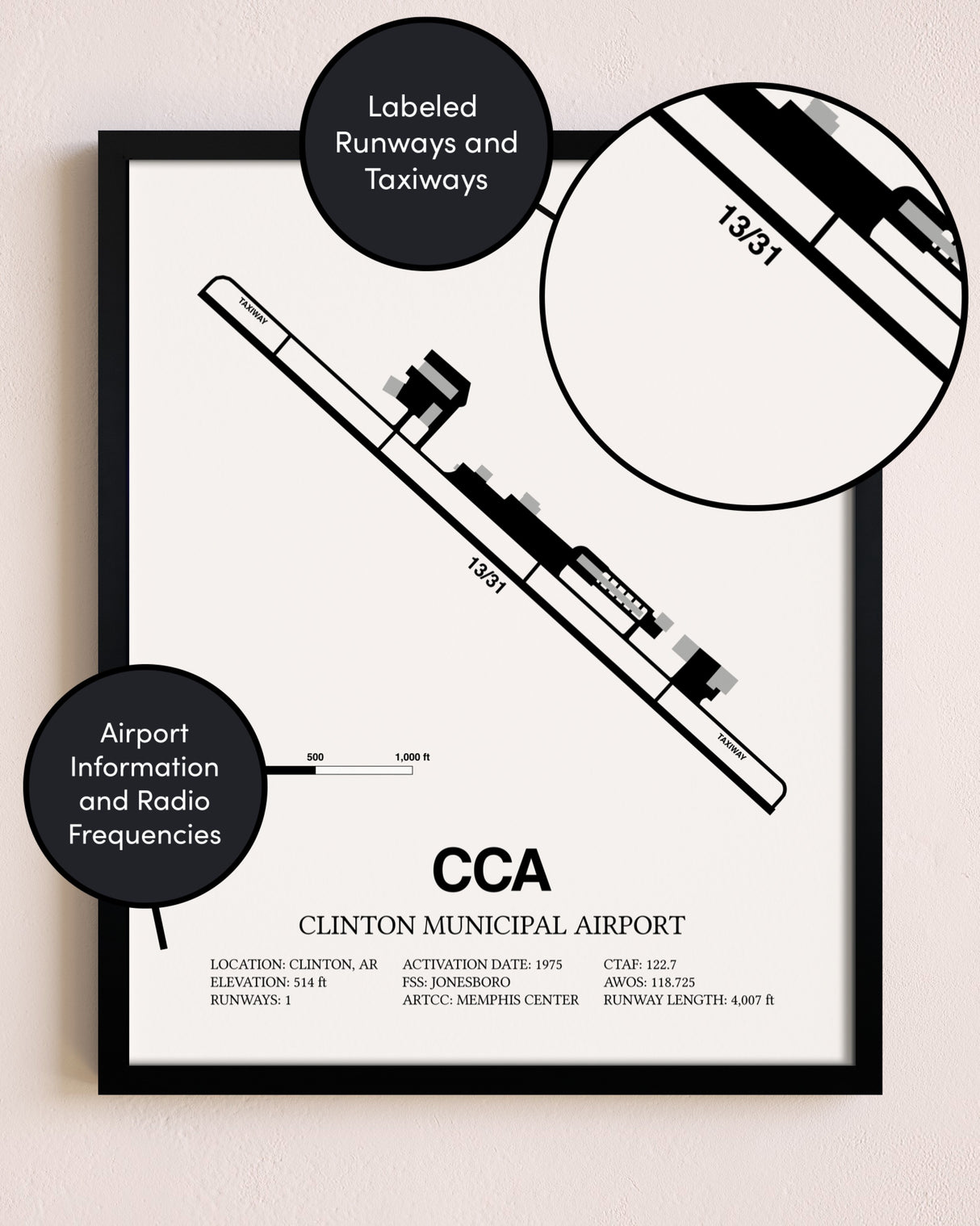 Framed Clinton Municipal Airport layout wall art poster