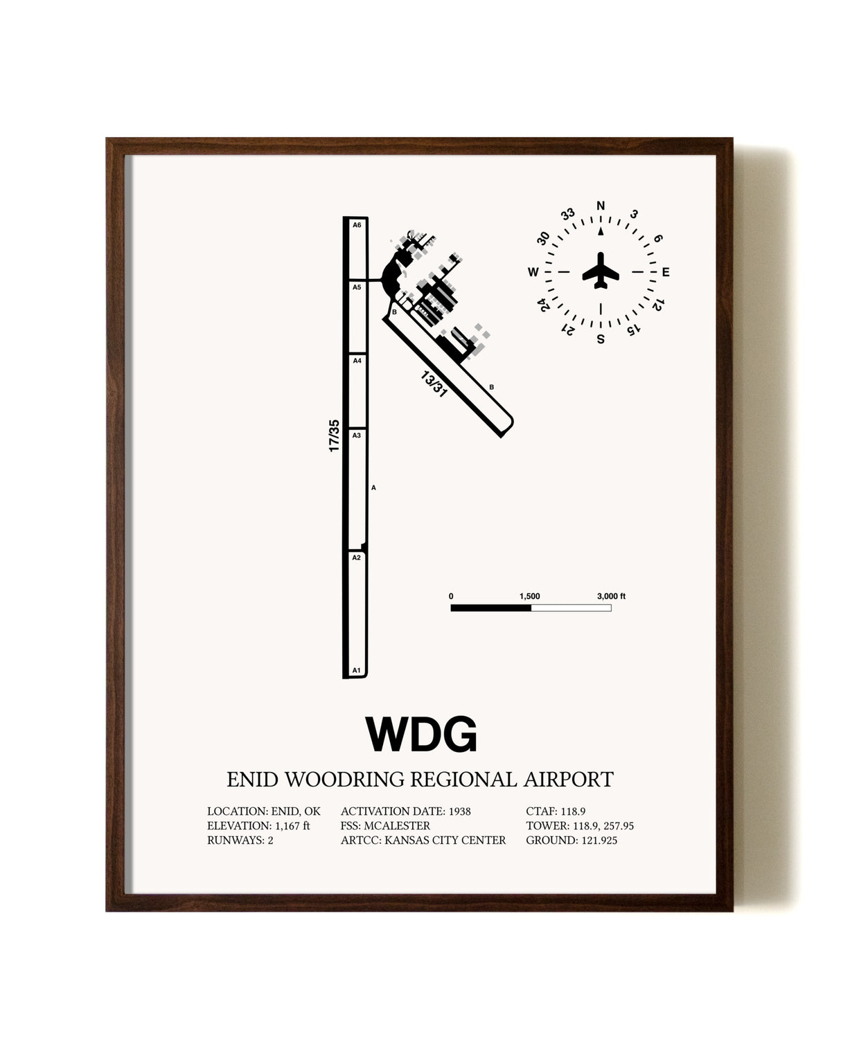 Enid Woodring Regional Airport aviation print in walnut frame