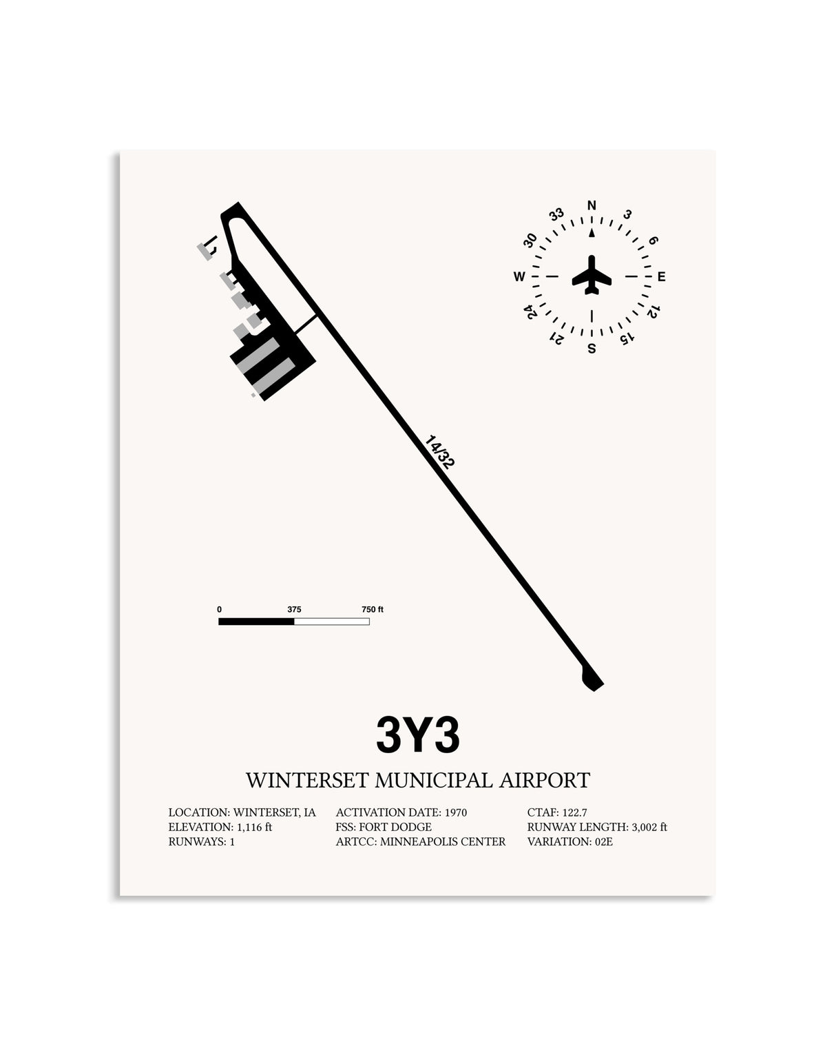 Gray Winterset Municipal Airport framed poster displayed in an airplane hangar