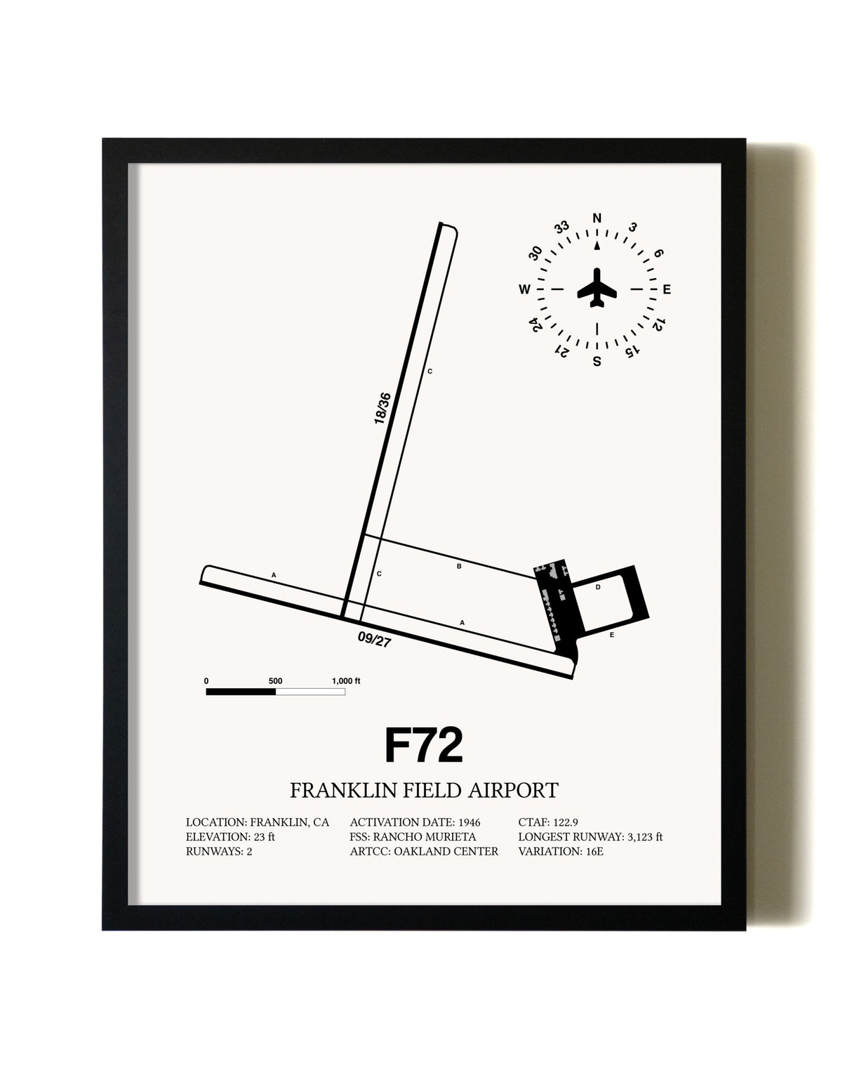 Framed Franklin Field Airport wall art poster in black frame