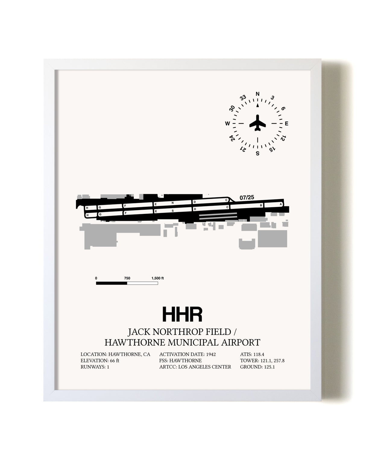Jack Northrop Field / Hawthorne Municipal Airport airport map poster in oak frame