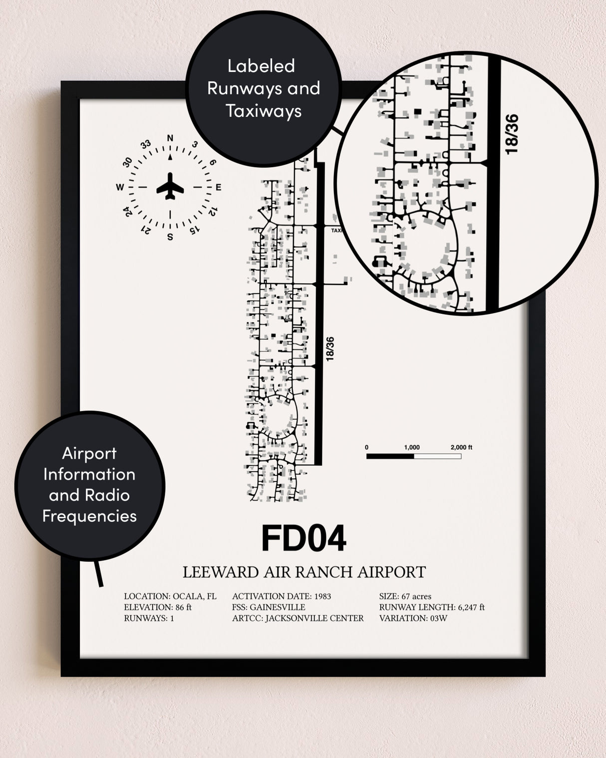 Framed Leeward Air Ranch Airport layout wall art poster