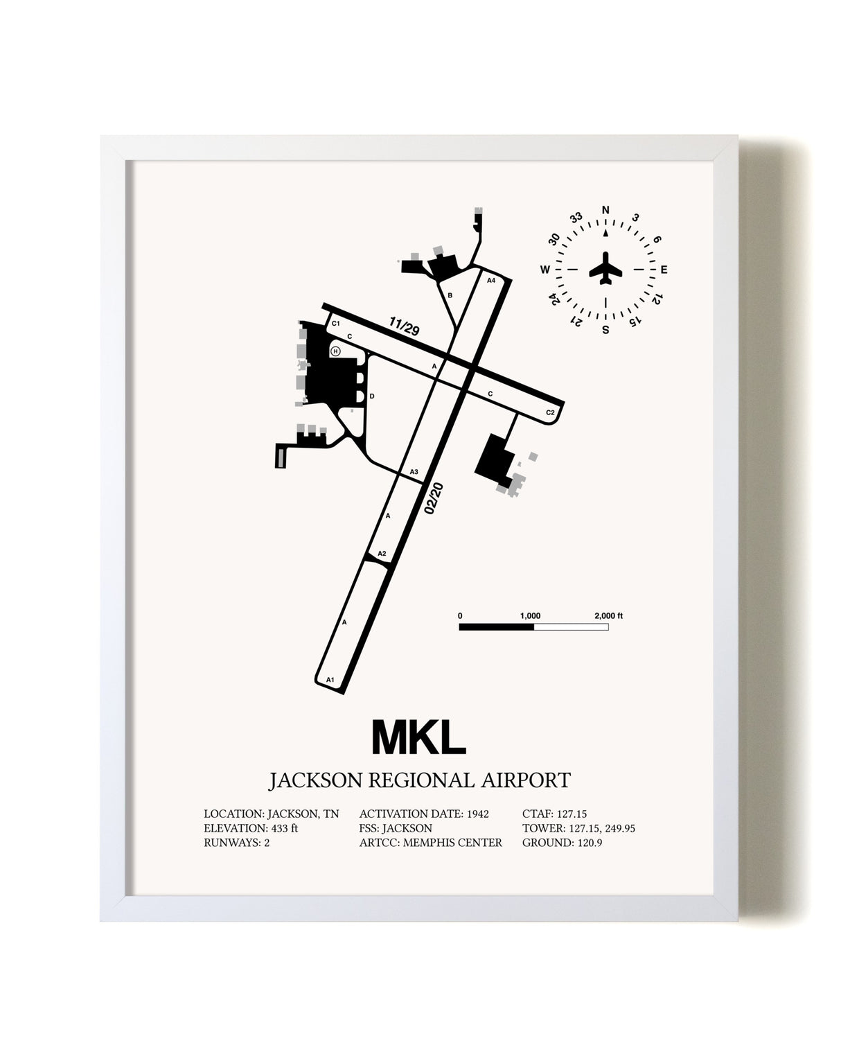 Jackson Regional Airport airport map poster in oak frame