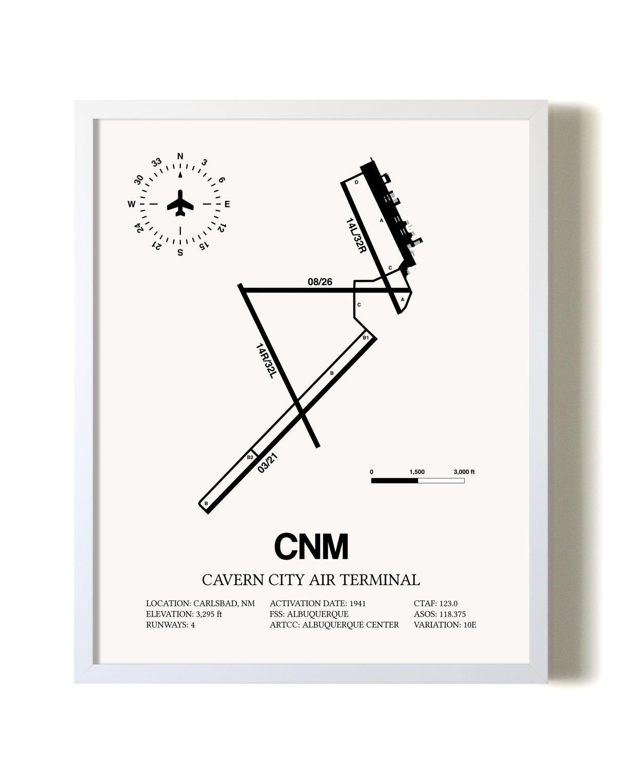 Cavern City Air Terminal airport map poster in oak frame