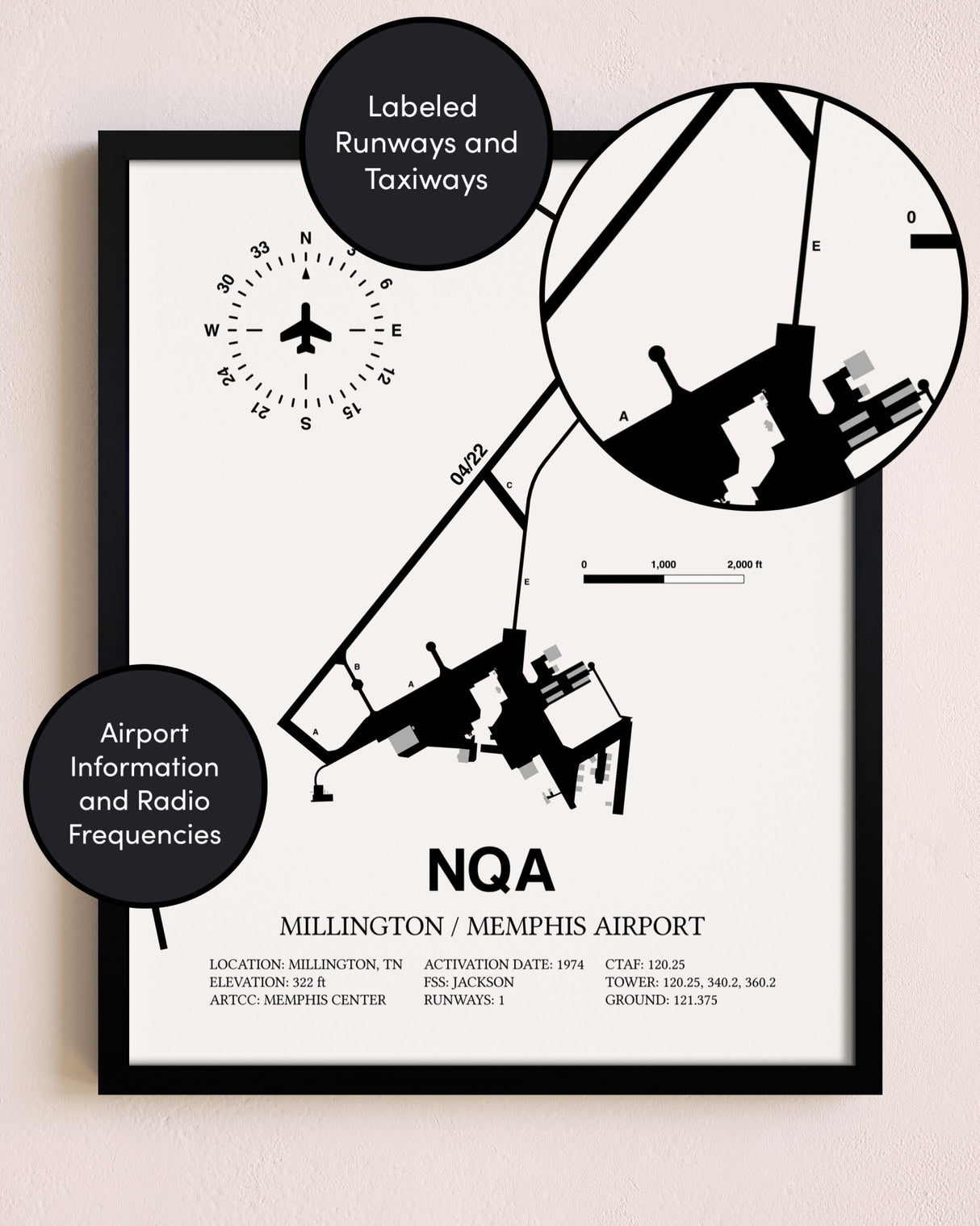 Framed Millington / Memphis Airport layout wall art poster