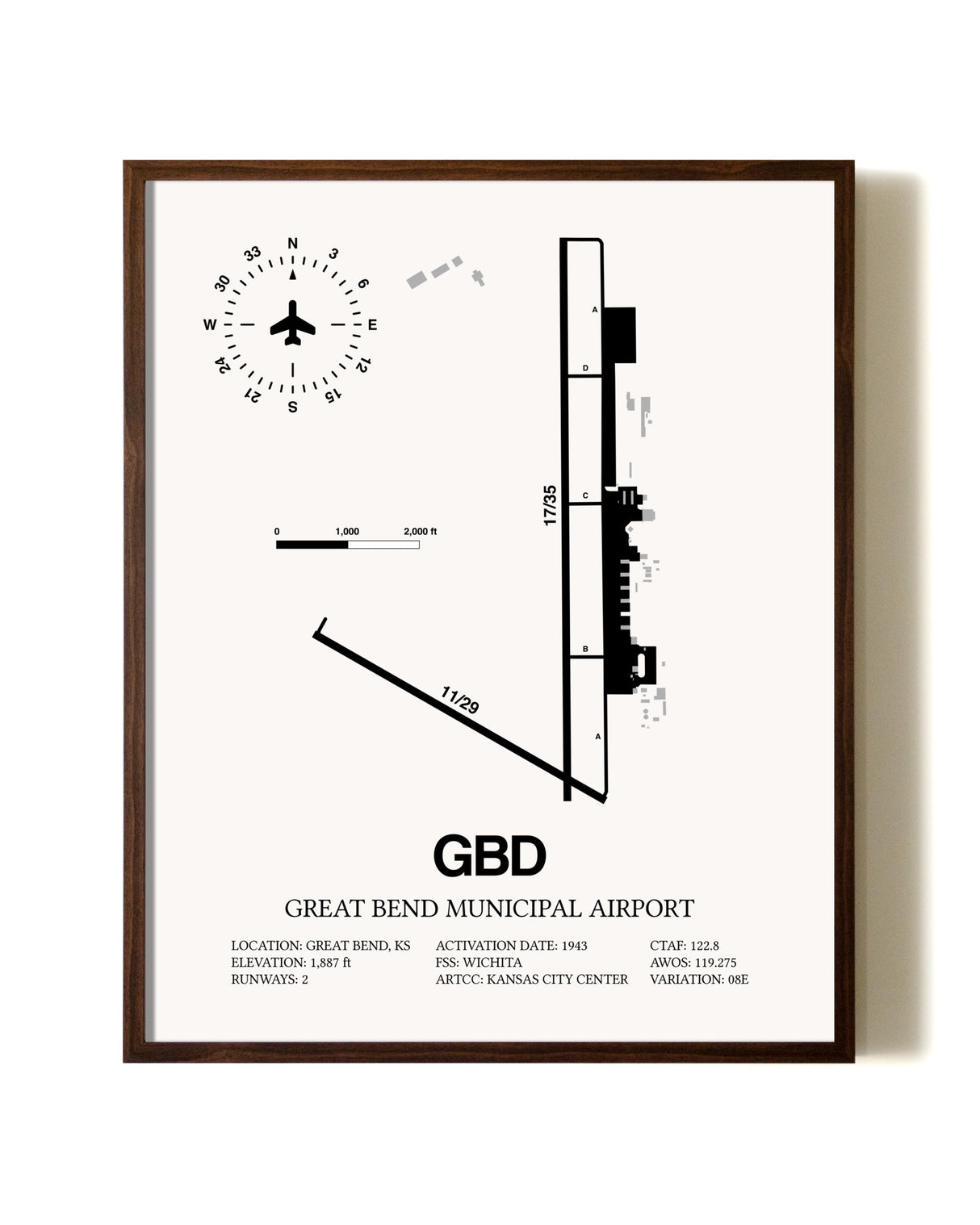 Great Bend Municipal Airport aviation print in walnut frame