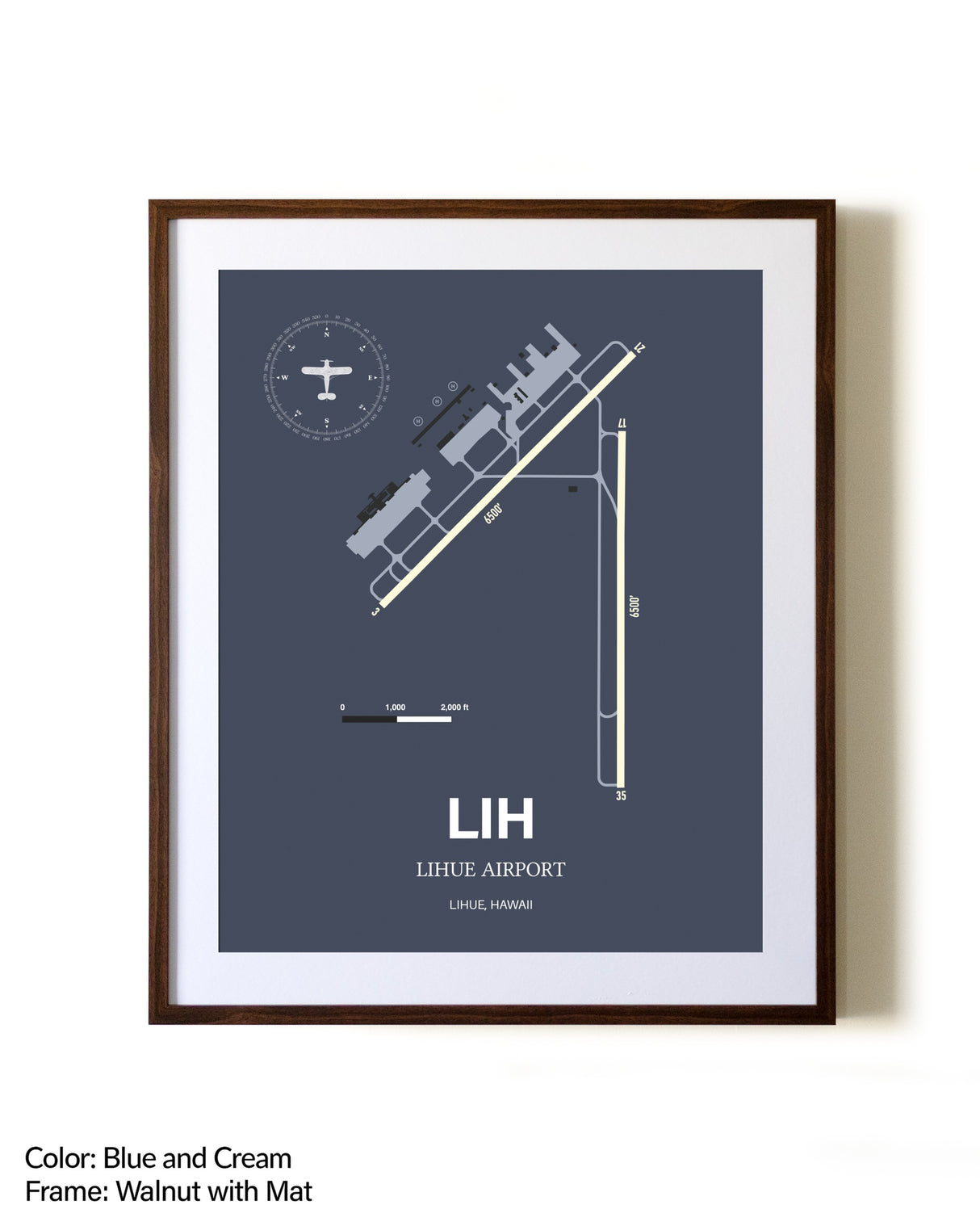 Lihue Airport aviation print in walnut frame with mat
