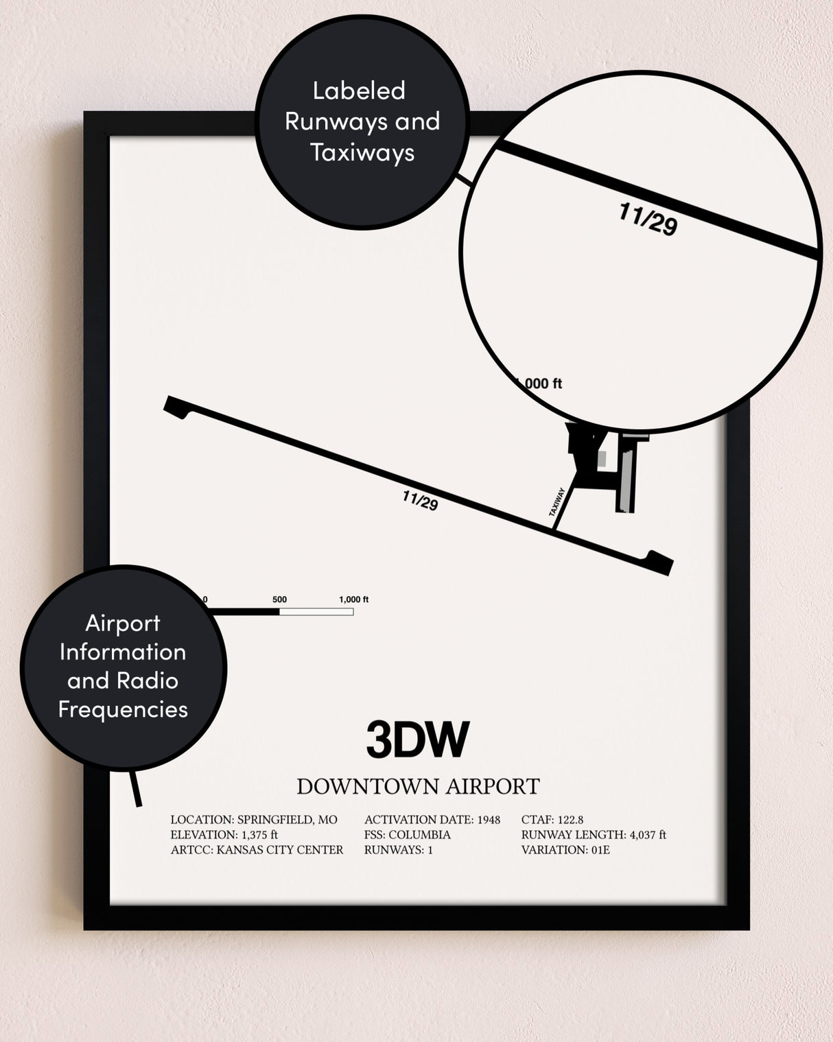 Framed Downtown Airport layout wall art poster