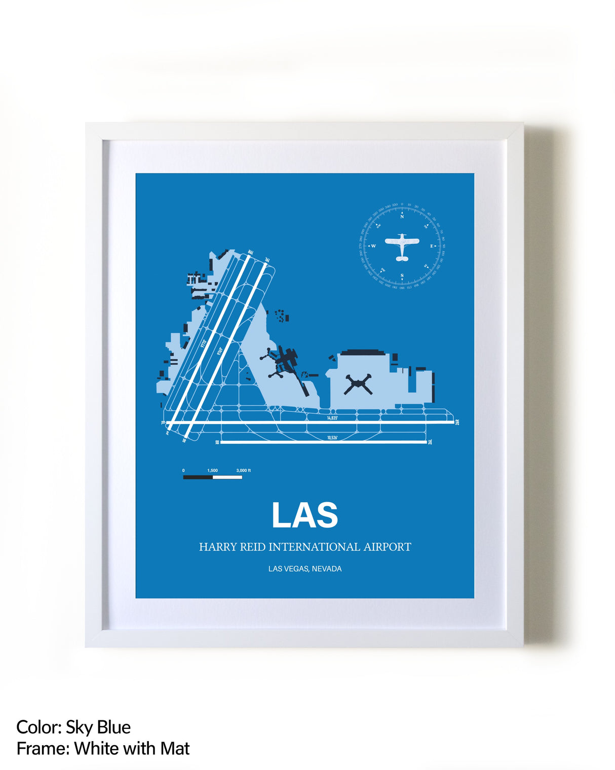 Harry Reid International Airport framed wall art in white frame with mat