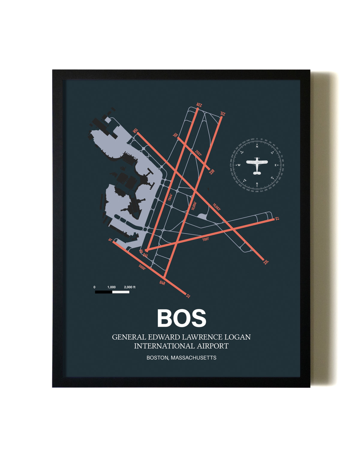 Framed Boston Logan International Airport wall art poster in black frame