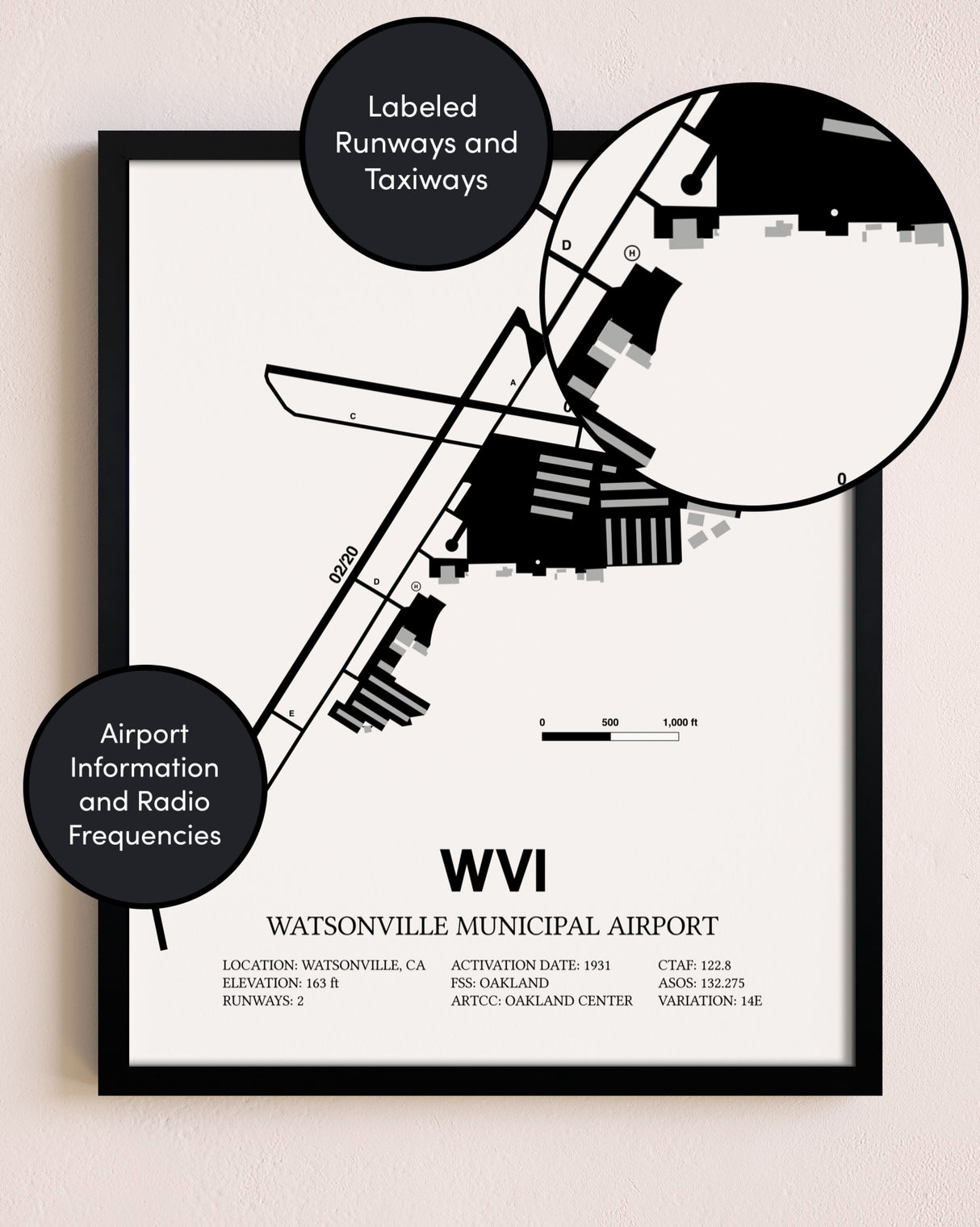 Framed Watsonville Municipal Airport layout wall art poster