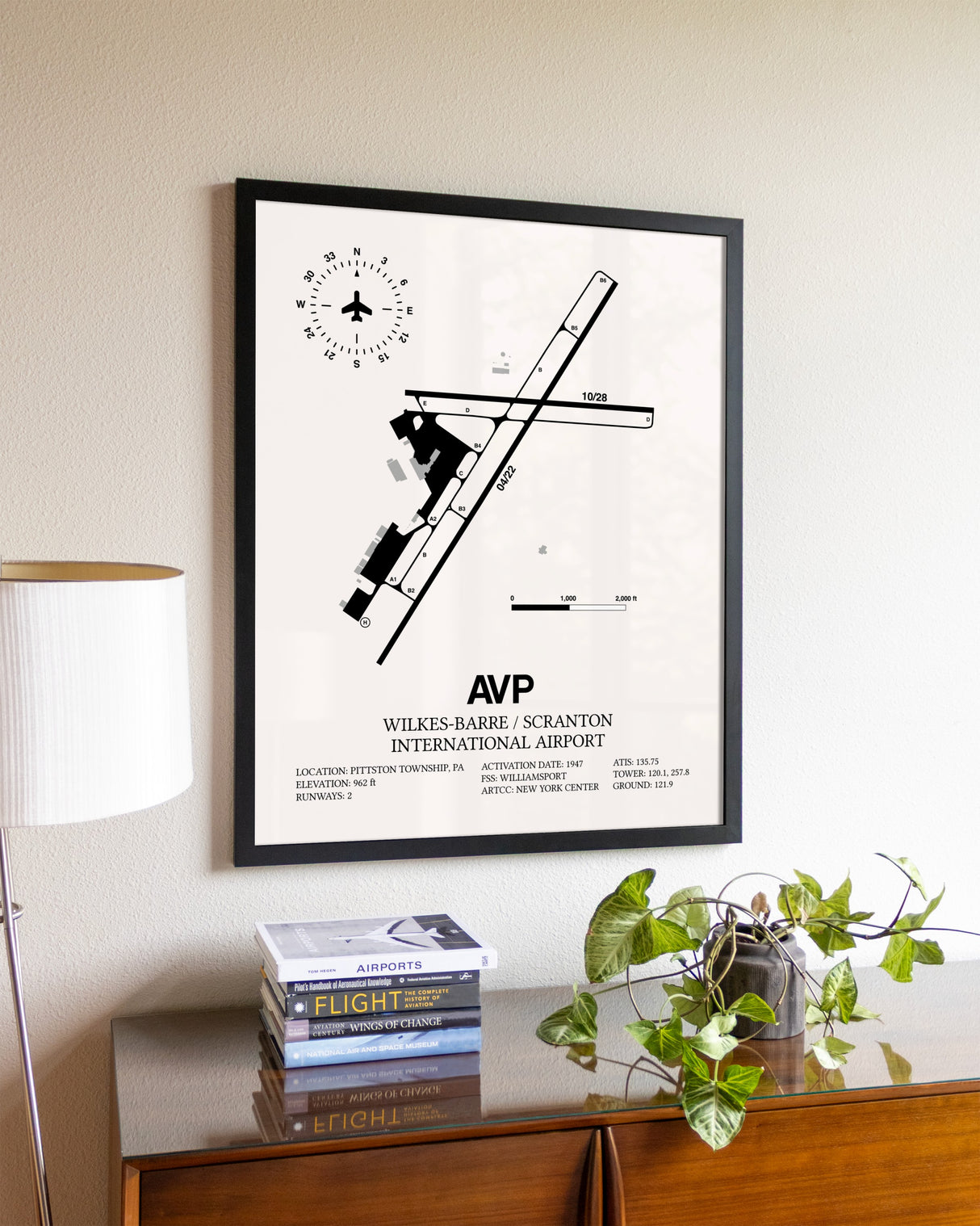 Wilkes-Barre / Scranton International Airport aviation wall décor in black wood frame