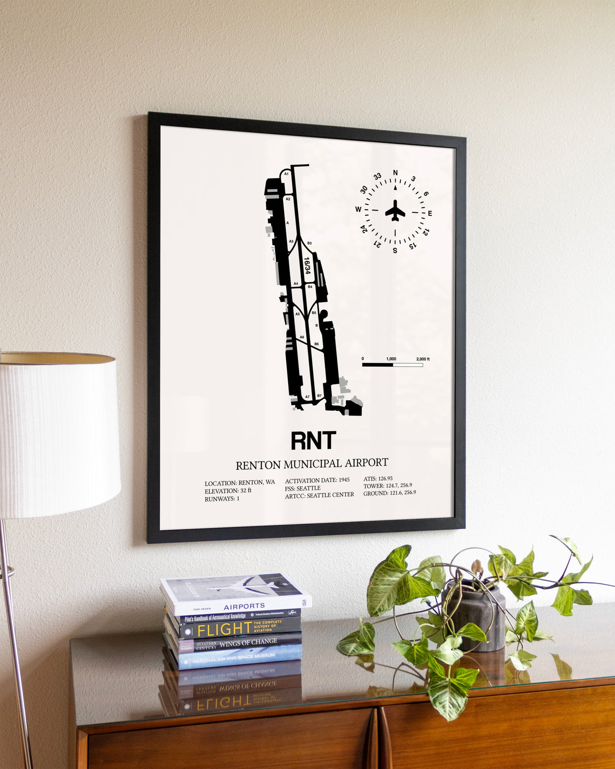 Renton Municipal Airport aviation wall décor in black wood frame