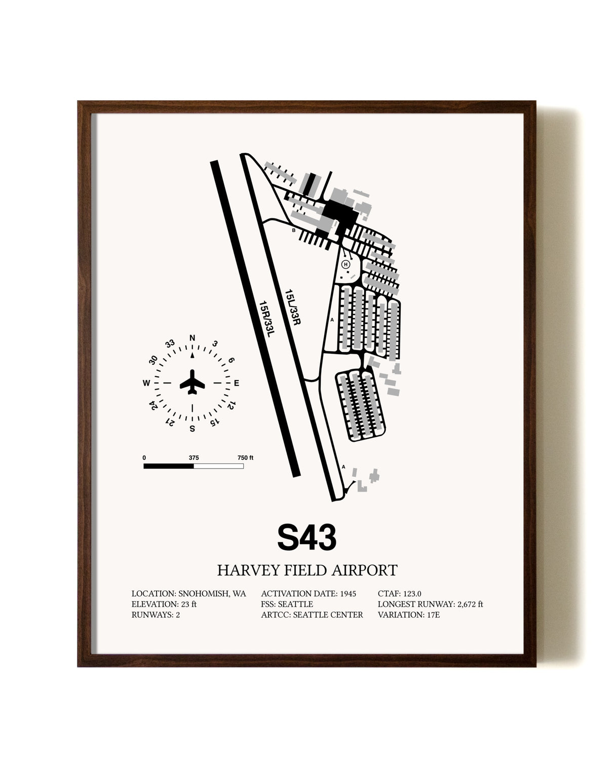 Harvey Field Airport aviation print in walnut frame