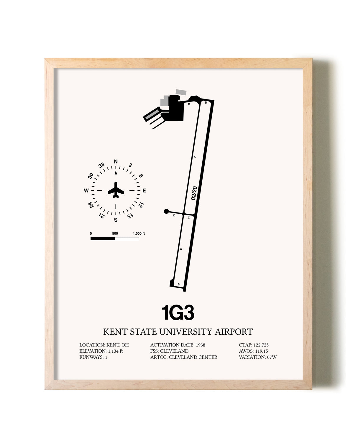 Kent State University Airport framed wall art in white frame