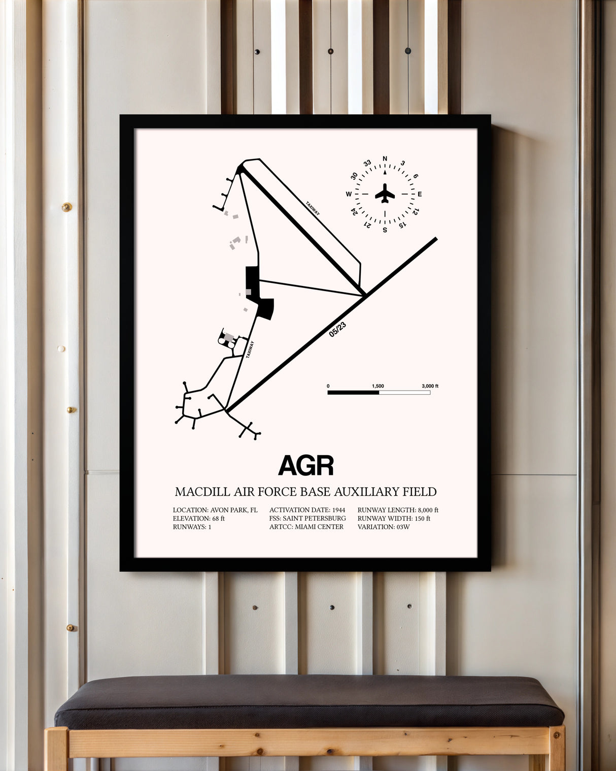 MacDill Air Force Base Auxiliary Field framed poster displayed in an airplane hangar