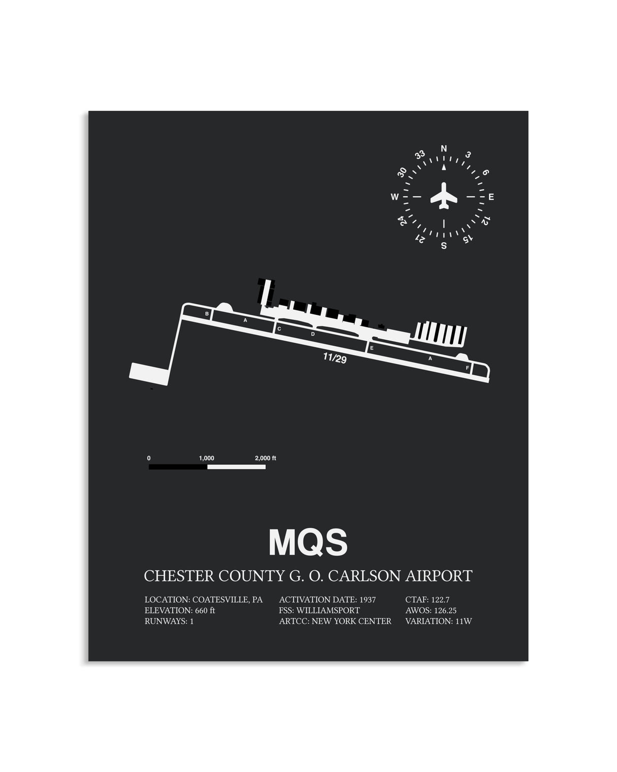 Gray Framed Chester County G. O. Carlson Airport layout wall art poster