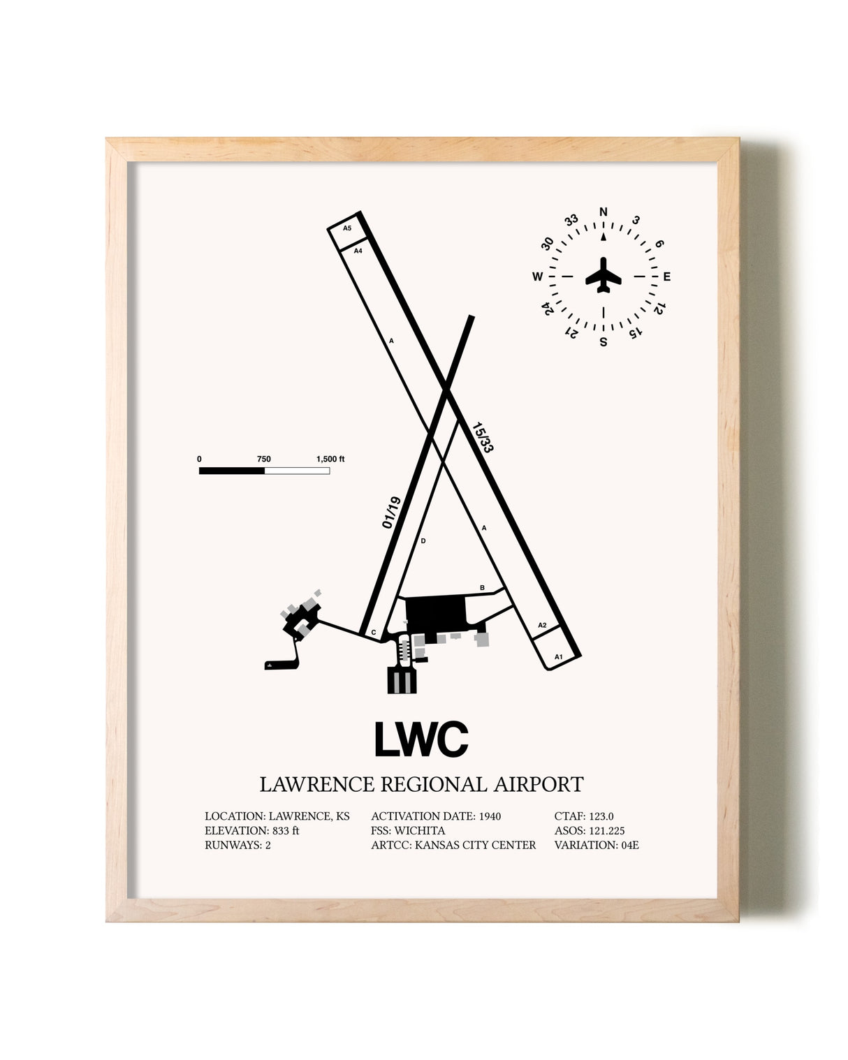 Lawrence Regional Airport framed wall art in white frame