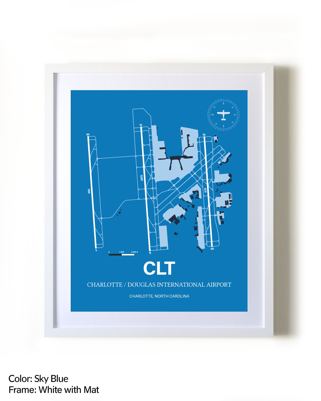 Charlotte / Douglas International Airport framed wall art in white frame with mat