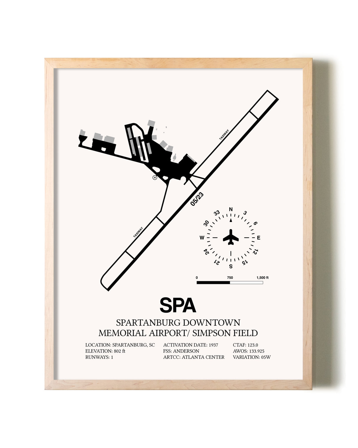 Spartanburg Downtown Memorial Airport / Simpson Field framed wall art in white frame