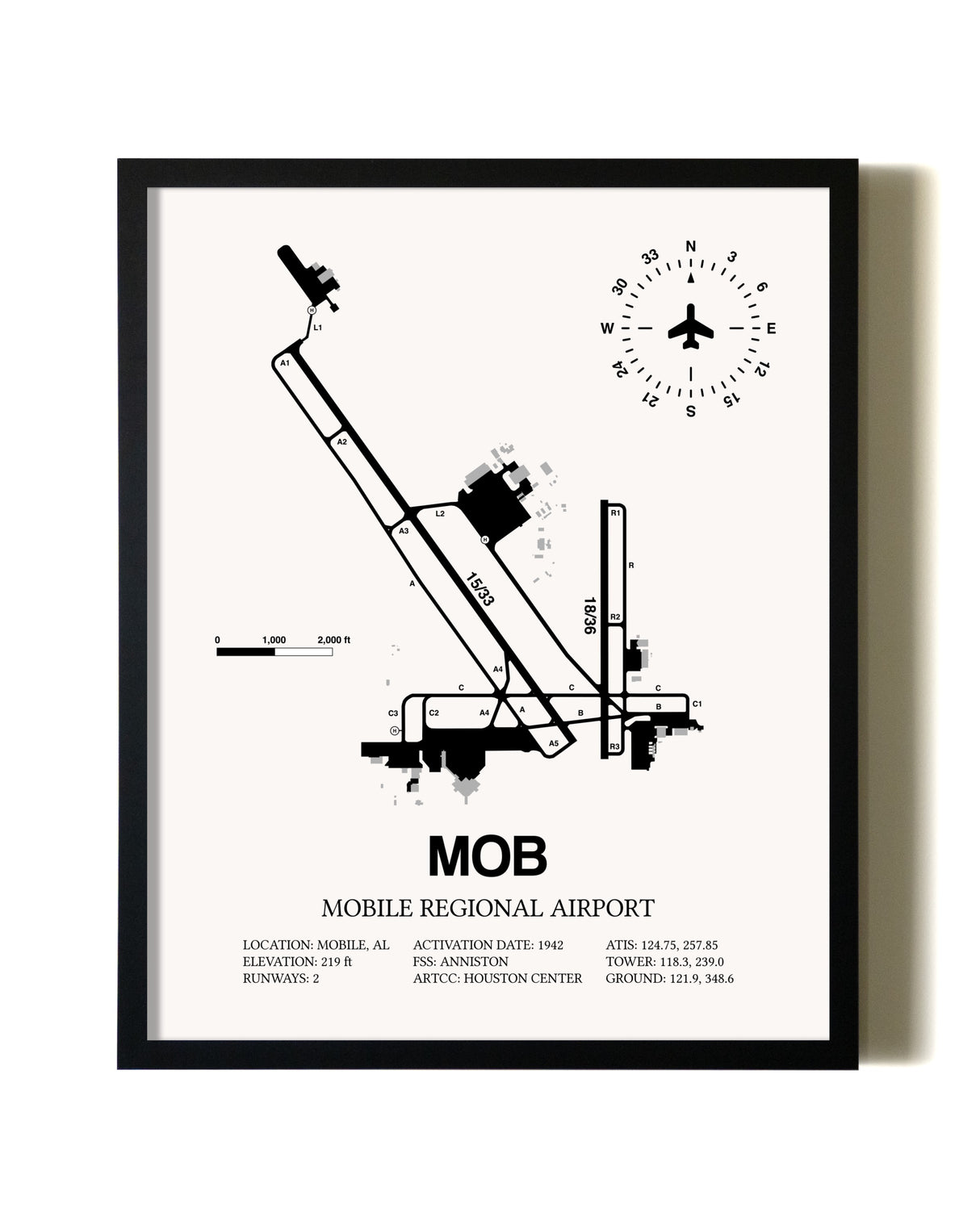 Framed Mobile Regional Airport wall art poster in black frame