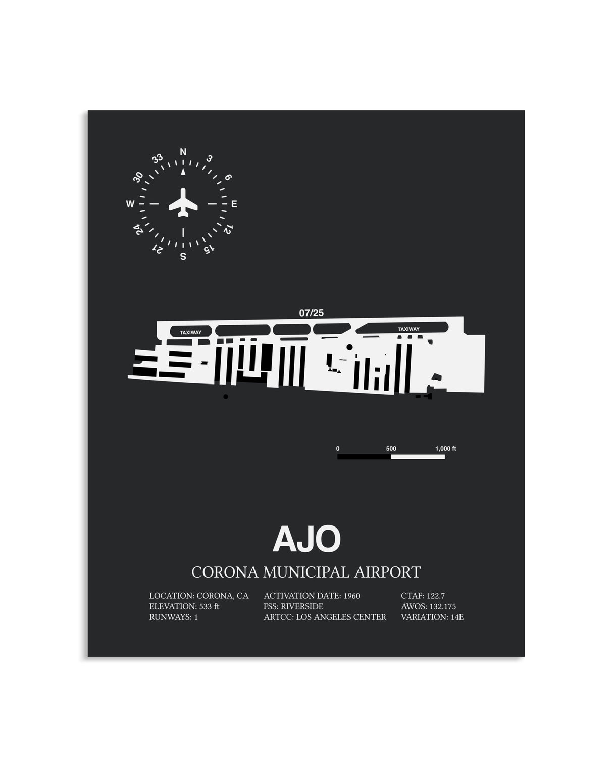 Gray Framed Corona Municipal Airport layout wall art poster