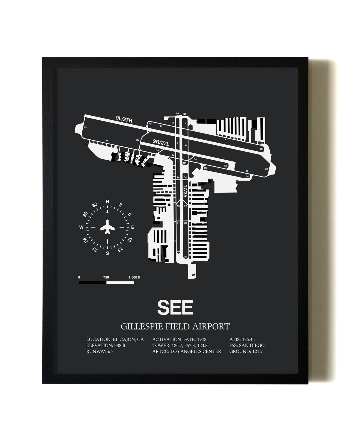 Unframed Gillespie Field Airport map print poster