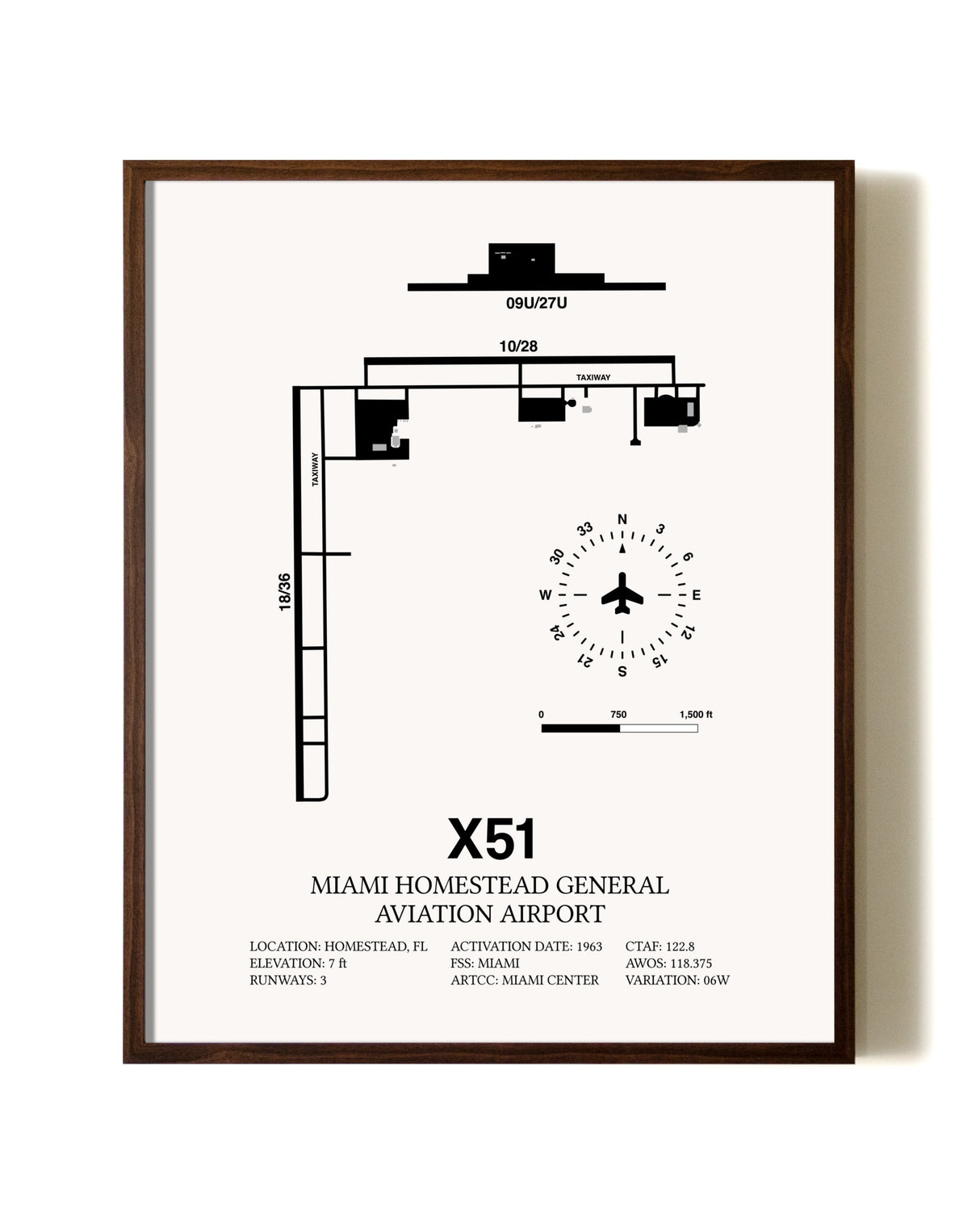 Miami Homestead General Aviation Airport aviation print in walnut frame
