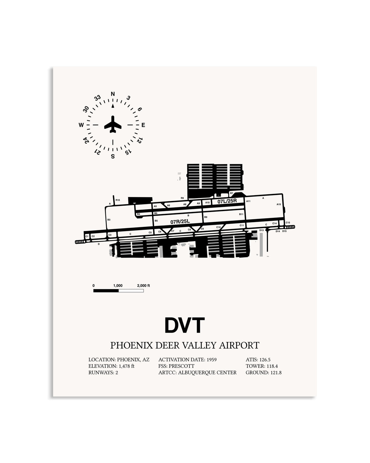 Gray Phoenix Deer Valley Airport framed poster displayed in an airplane hangar